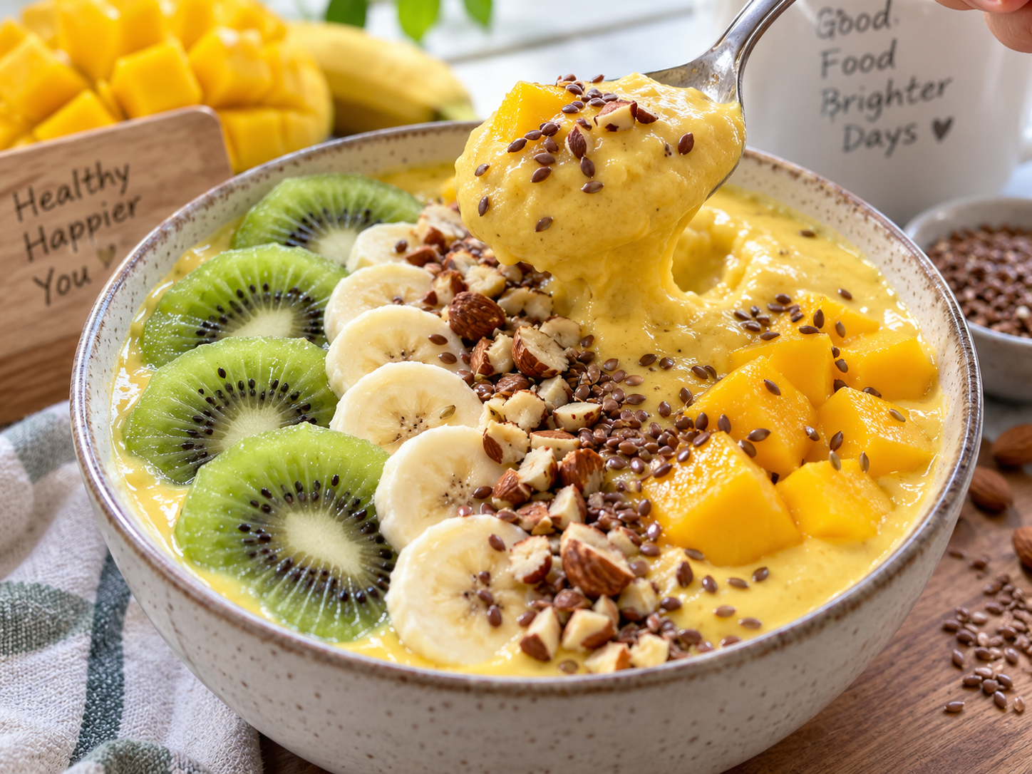 Primer plano de smoothie bowl espeso de mango y plátano con kiwi, fruta fresca, nueces y semillas