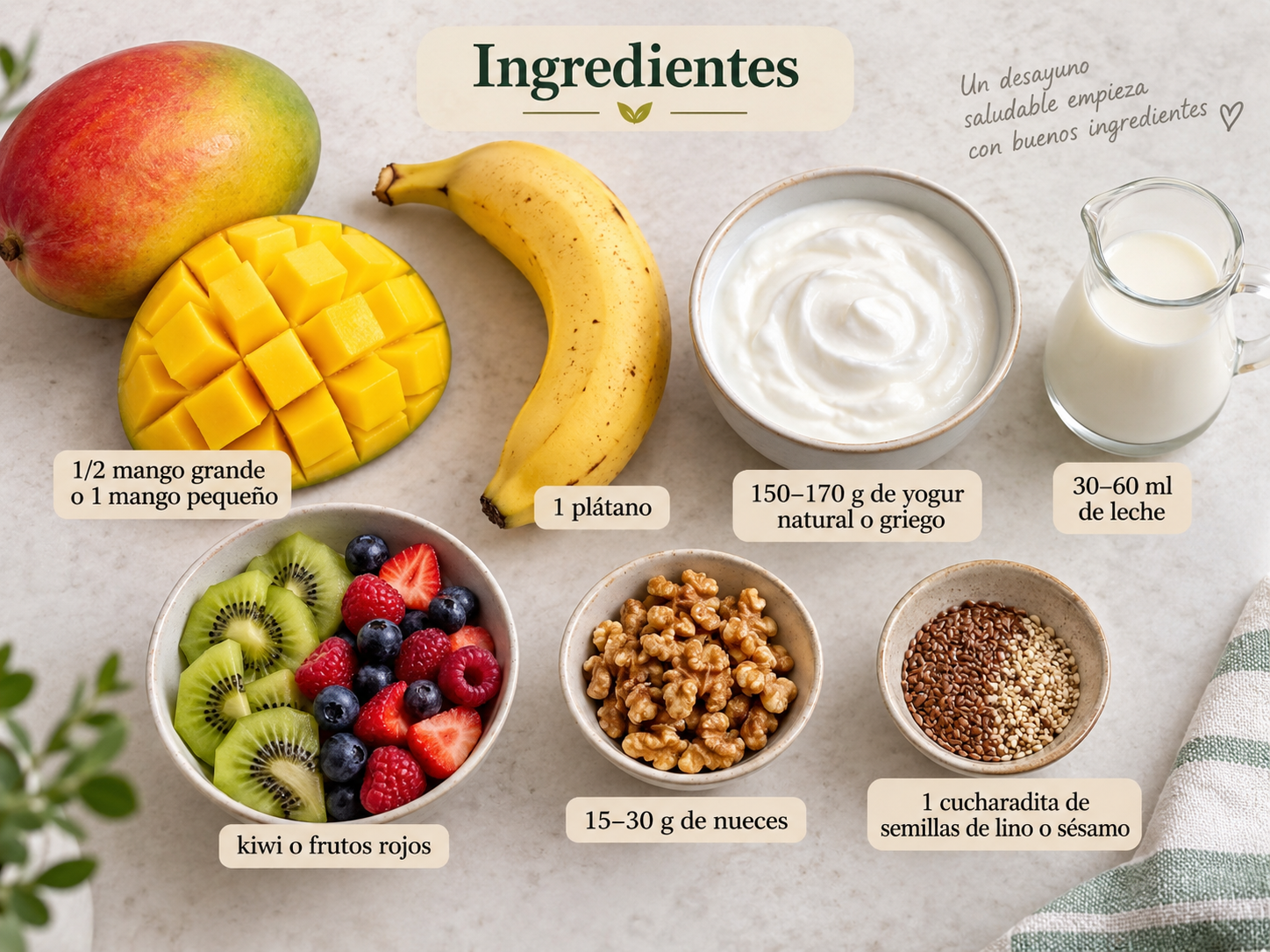 Ingredientes en español para smoothie bowl de mango, plátano y yogur con fruta, nueces y semillas
