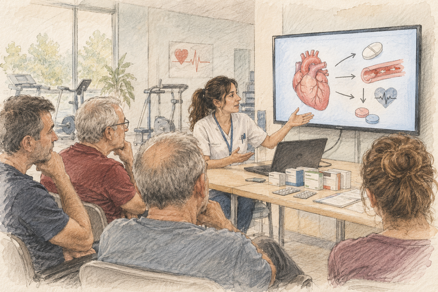 Ilustración en estilo de diario de diferentes medicamentos utilizados en prevención cardiovascular