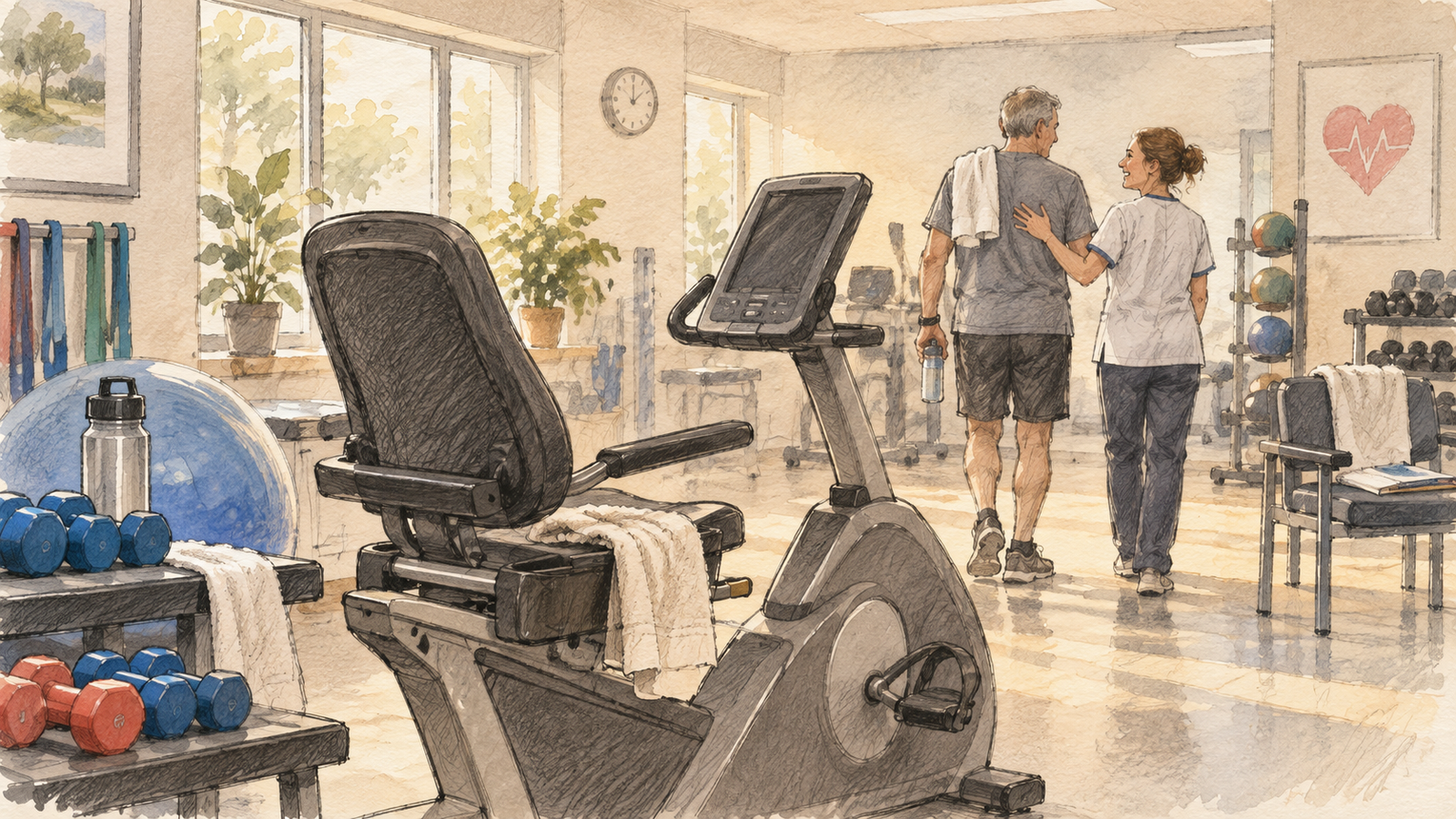 Sala de rehabilitación cardíaca al final de una sesión, con una bicicleta reclinada y material de ejercicio